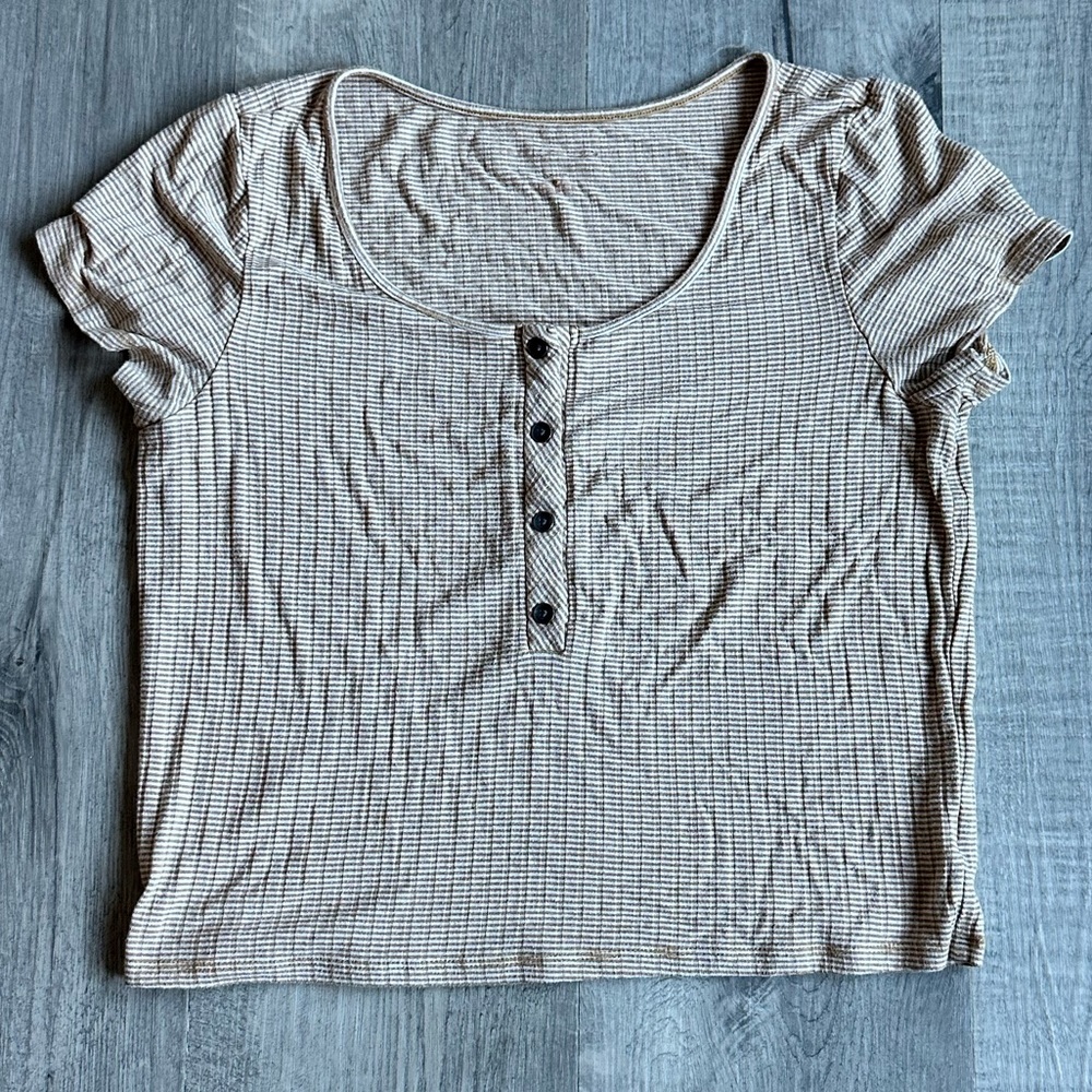 American Eagle Soft & Sexy Henley Top Beige Stripe Women’s Small